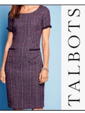 Talbots Red Silver Blue Accented Tweed Short Sleeve Sheath Dress 🇺🇸